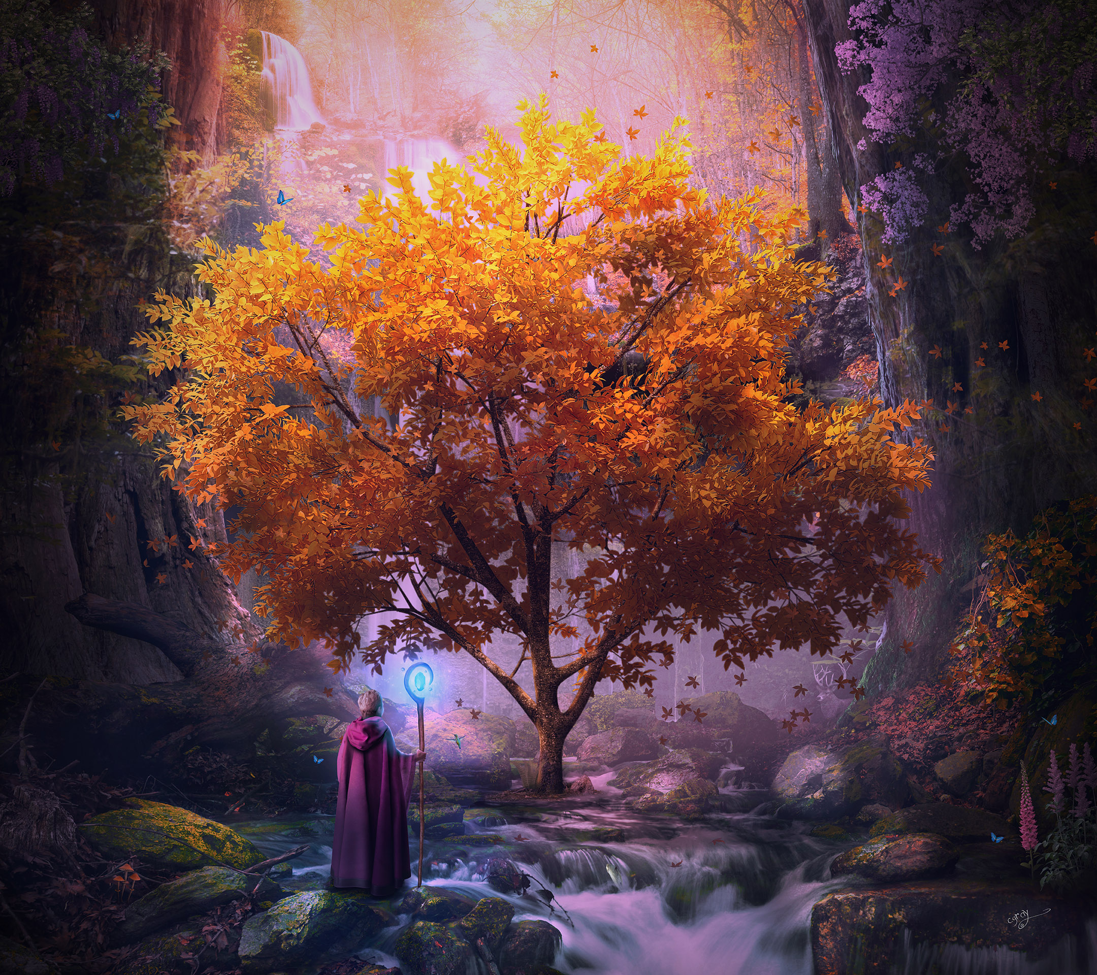fantasy woodland artwork of mage adventurer and autumn tree by Cameron Gray