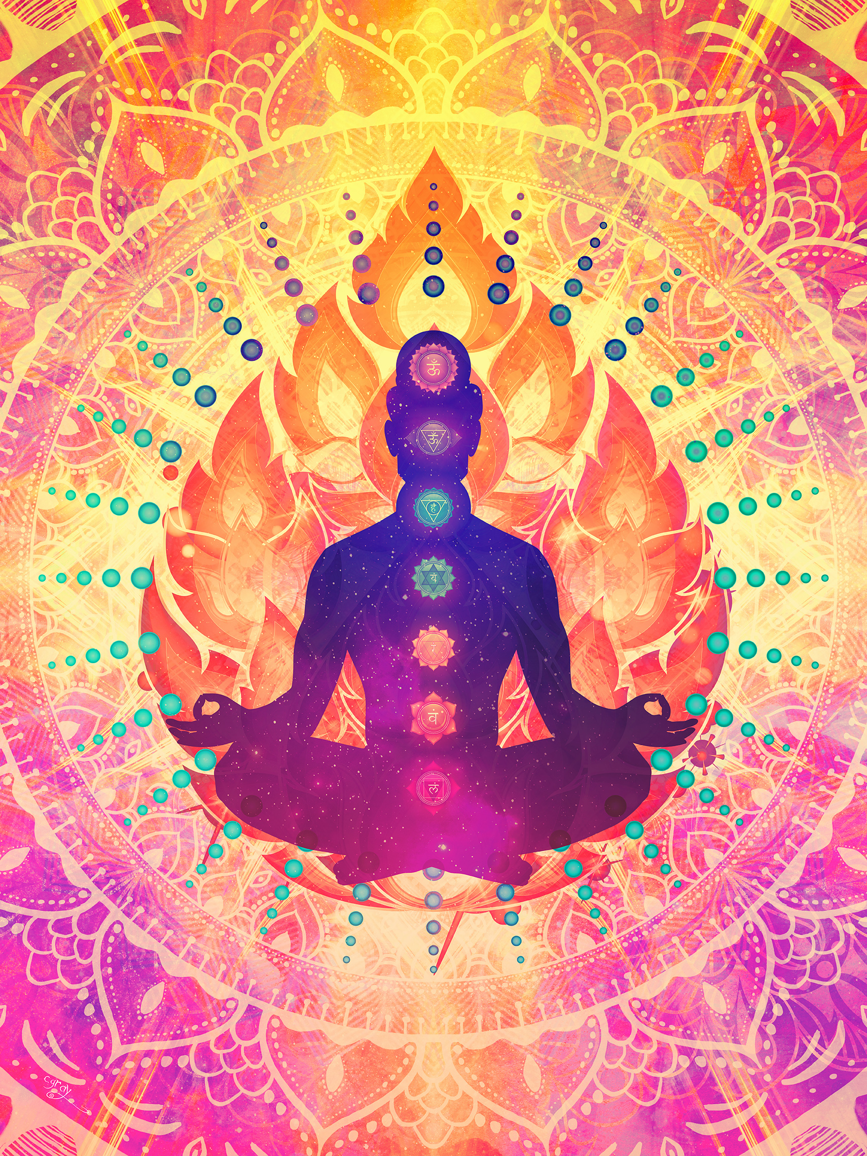 chakra meditation artwork featuring person meditating with mandala. Art by Cameron Gray