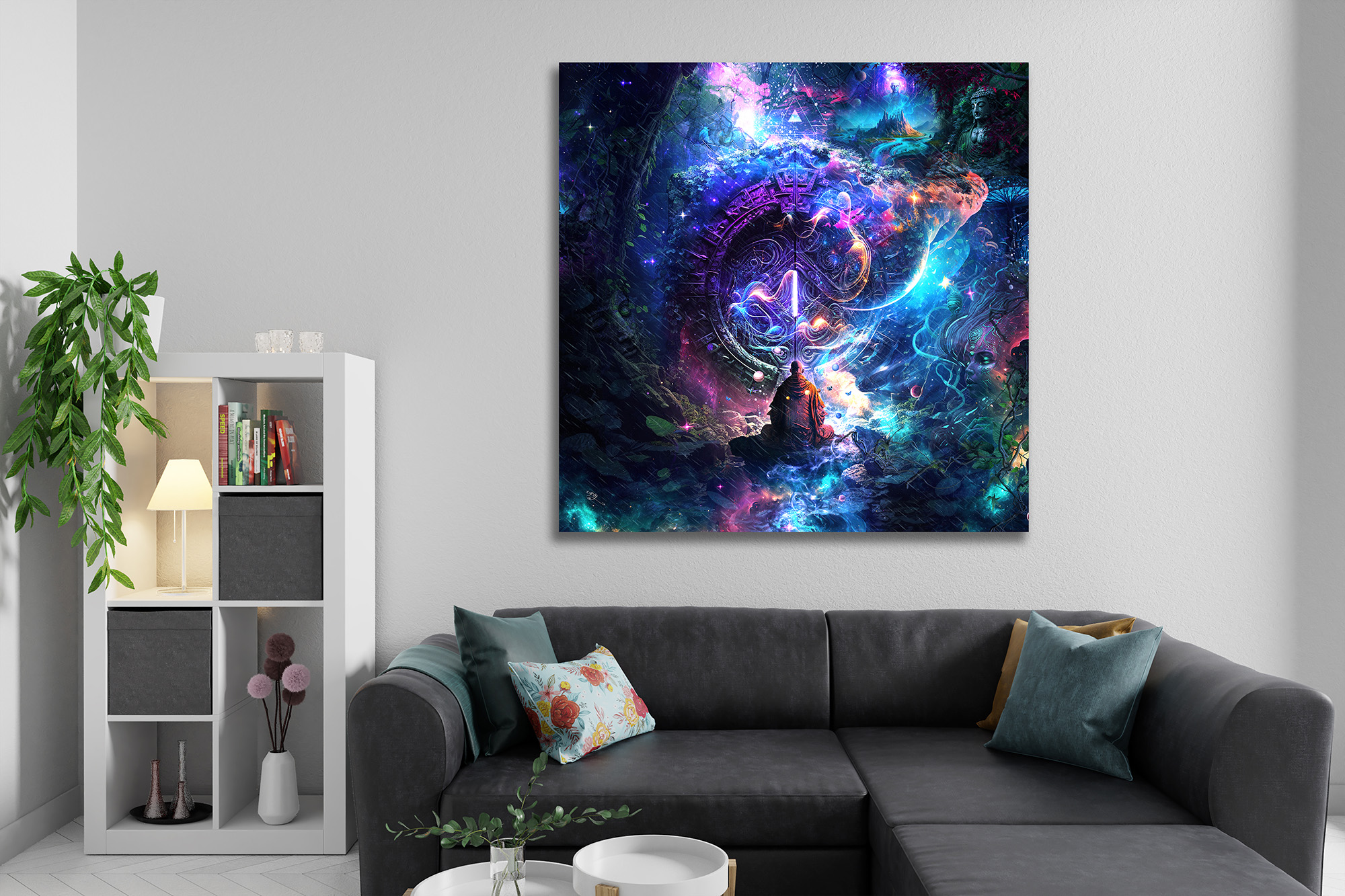 Wall decor canvas art print of meditating buddhist monk in a magical fantasy dream world by Cameron Gray