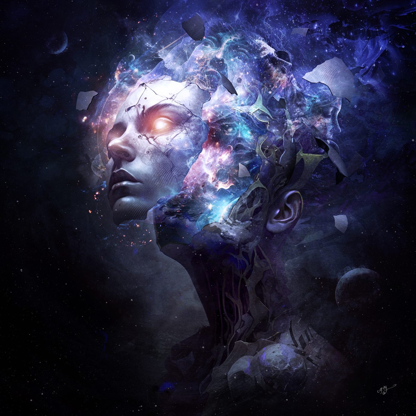 Surreal digital art of a person having a cosmic spiritual awaking, dmt, lsd, higher consciousness. Art by Cameron Gray