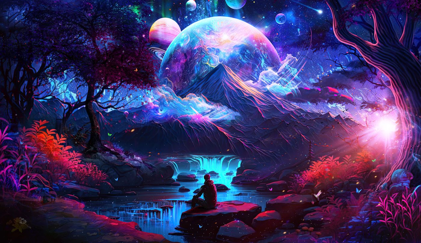 Beautiful Fantasy landscape in a mystical dreamworld, showing giant planet and sunset