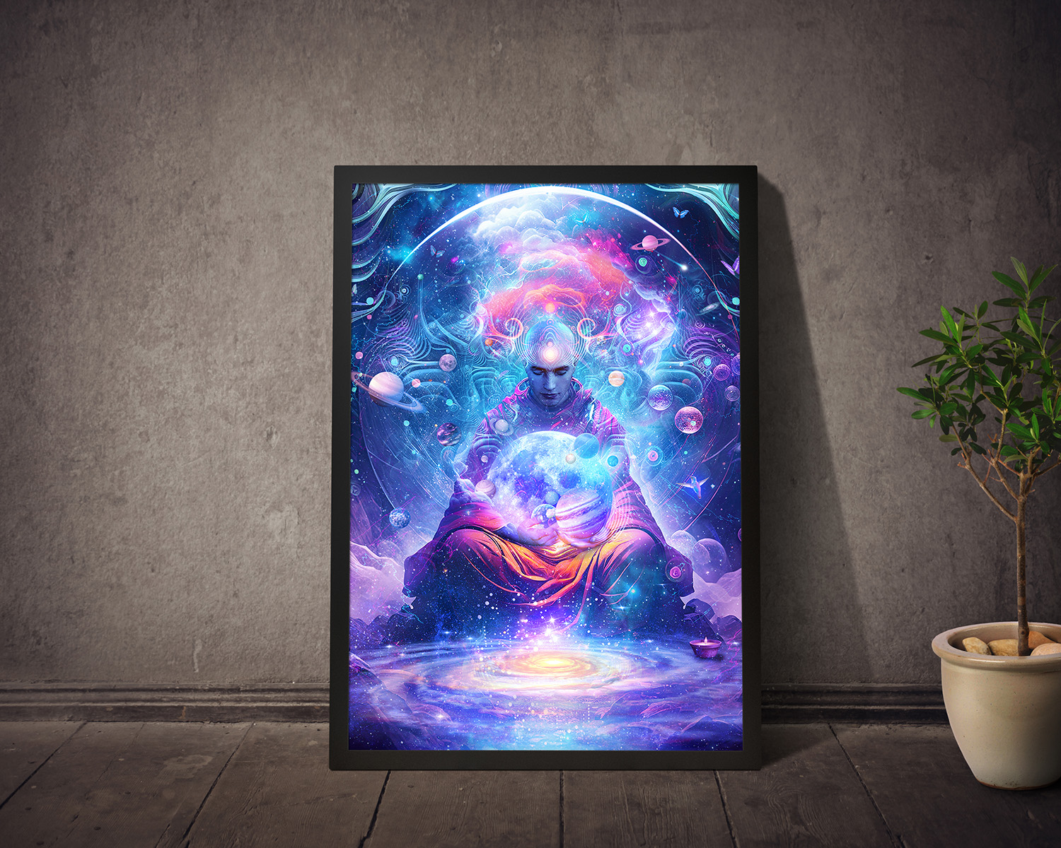 Fantasy framed wall art titled "From Other Worlds" by Cameron Gray, the artwork shows a cosmic spiritual enlightenment meditating buddhist holding fantasy planets