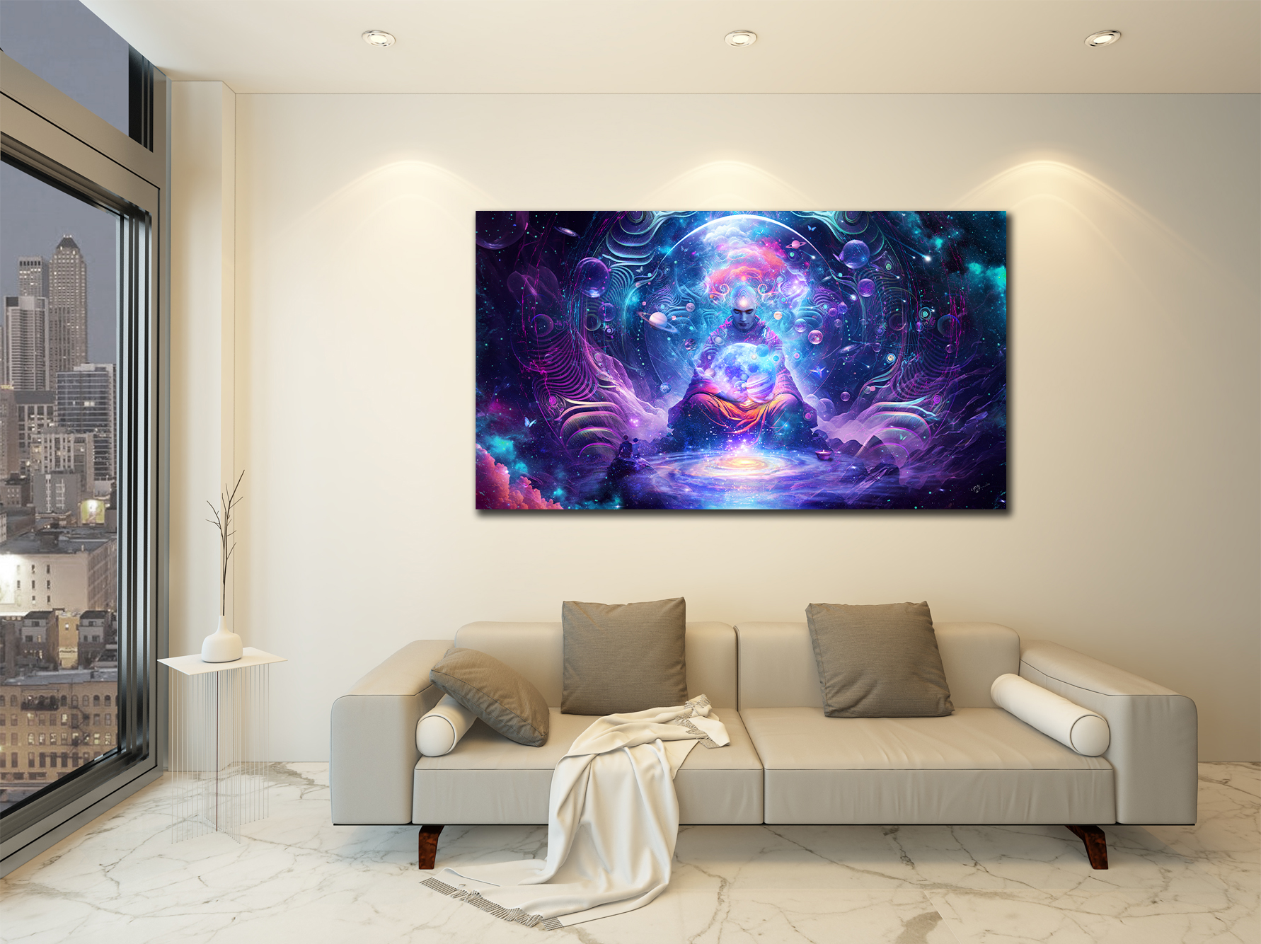"From Other Worlds" by Cameron Gray: A captivating piece of wall art that seamlessly blends fantasy, space, and cosmic mysticism. This enchanting and imaginative artwork creates a serene and inspirational atmosphere, transporting viewers to transcendent realms. With interstellar motifs and a whimsical charm, it invites a contemplative journey through the cosmic unknown, making it an extraordinary addition to your wall decor."