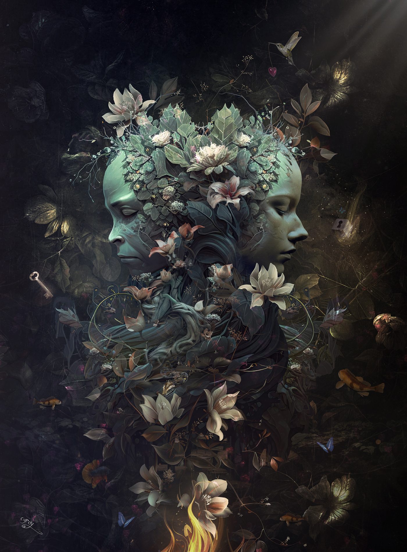 Dark surrealism fantasy art of faces emerging from intricate floral vines in a mystical, dreamlike painting full of ethereal details