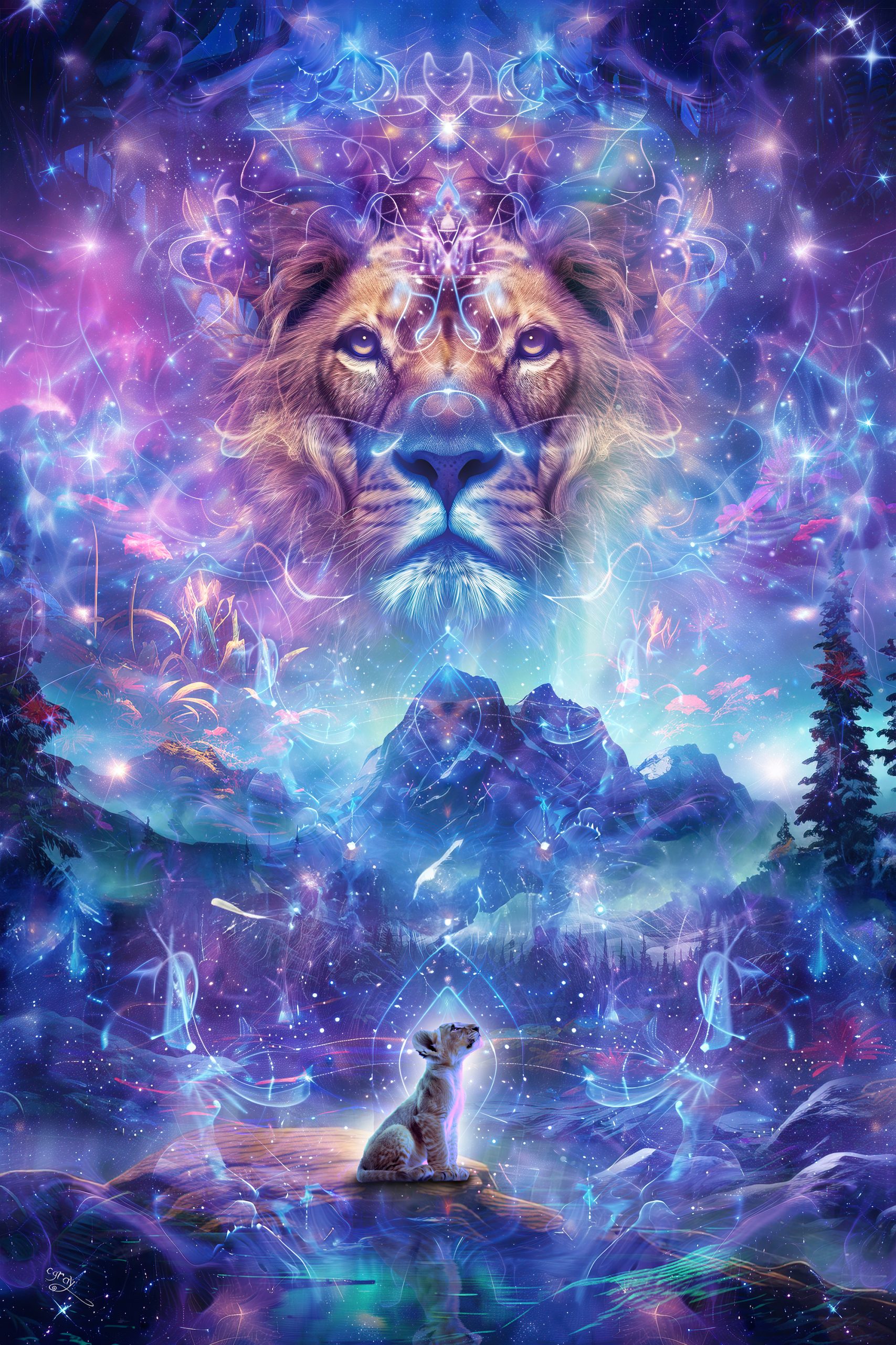 A painting of a spirit animal lion and cub with a cosmic mountain setting